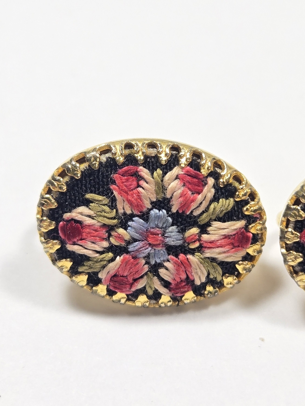 Vintage Petite Point Floral Embroidered Oval Clip On Earrings in Black and Gold - Picture 2 of 9